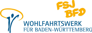 Logo des Wohlfahrtswerks für Baden-Württemberg mit einer stilisierten blauen und gelben Figur auf der linken Seite und dem FSJ BFD in fetten gelben Buchstaben über dem Namen der Organisation in blauer Schrift.